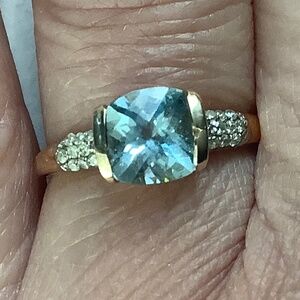 14k Yellow Gold Cushion Cut Aquamarine and Diamond Ring
